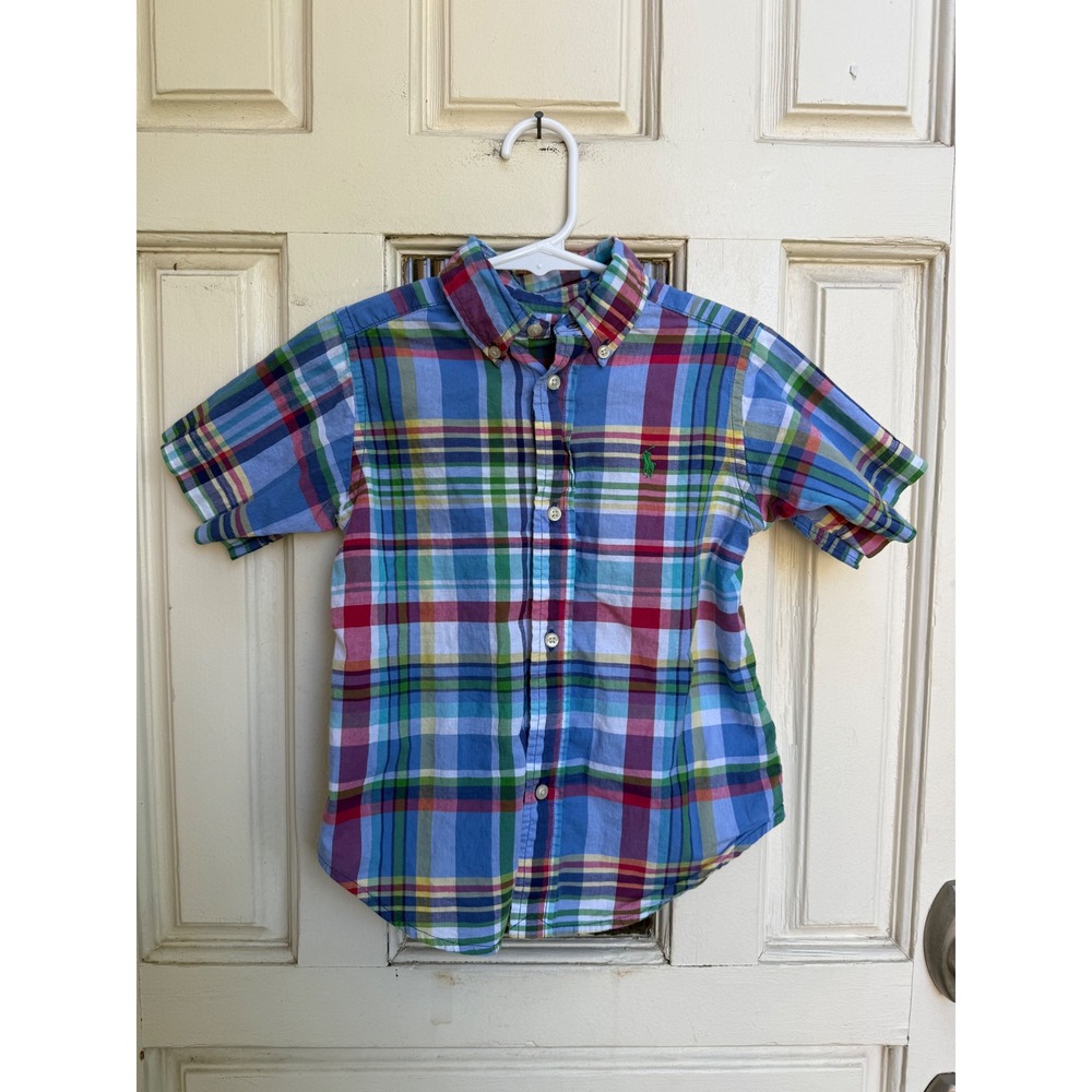 Ralph‎ Lauren Boys Short Sleeve Plaid Button Down Shirt Blue Red Madras Size 3T
